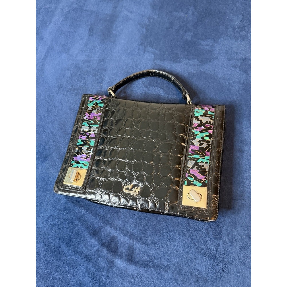 Vintage See Sharp Crocodile Embossed Black Leather Handbag Top Handle Bag